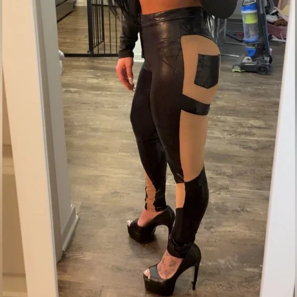 BLACK FAUX LEATHER MESH NUDE ILLUSION CUT OUT PANTS - Picture 5 of 5